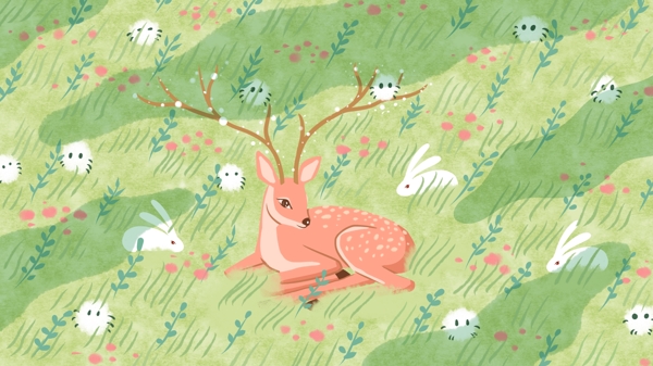 卧在草丛中的鹿和兔子还有森林重点精灵