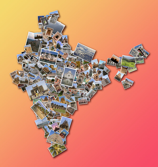 风景照片组成的印度地图