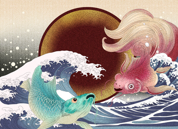 金鱼日式浮世绘复古背景海报素材图片