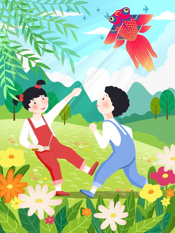 四月你好小孩春游放風(fēng)箏