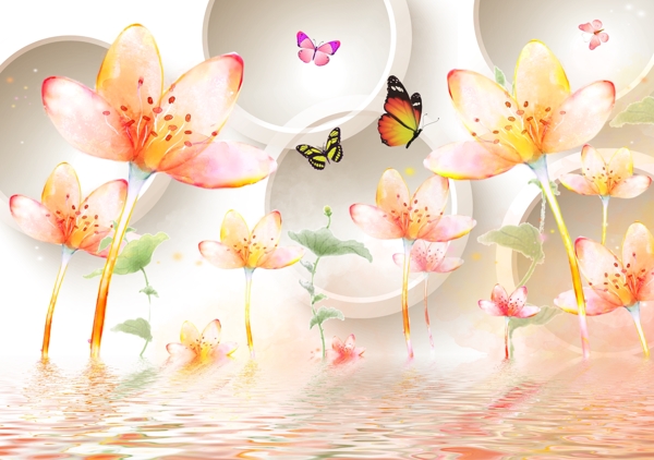 水粉花卉客厅壁画图片