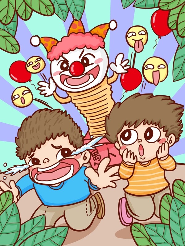 愚人节小丑吓唬人们娱乐手绘原创插画