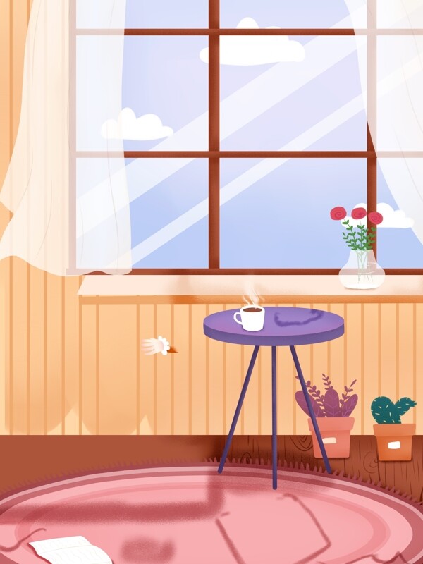 温馨家居茶桌盆栽窗户背景设计