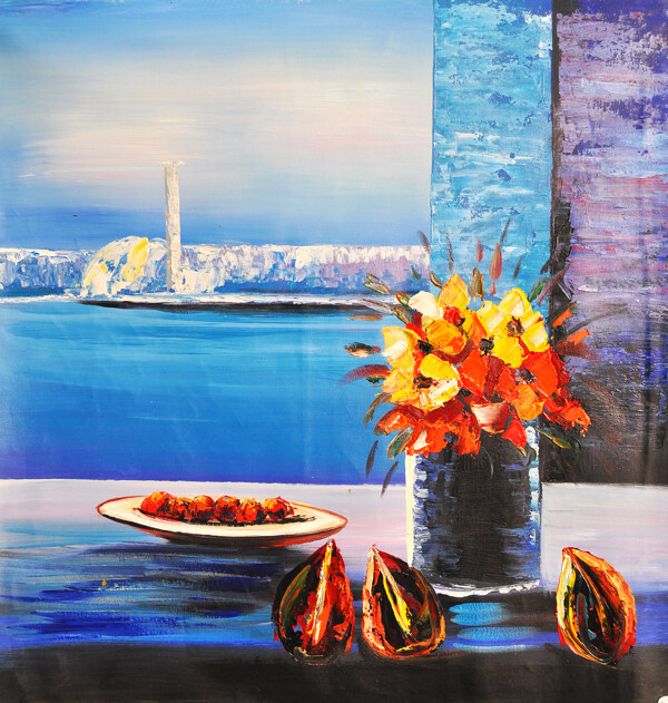 餐桌上的花朵与食物油画图片