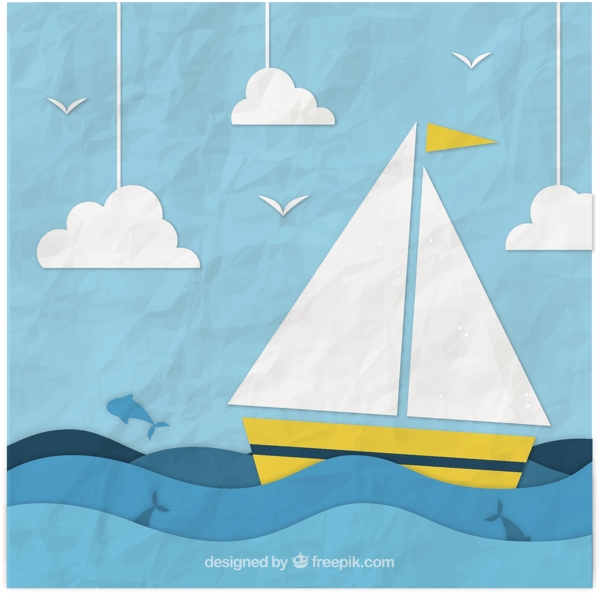 海浪中航行的纸船有皱纹的背景