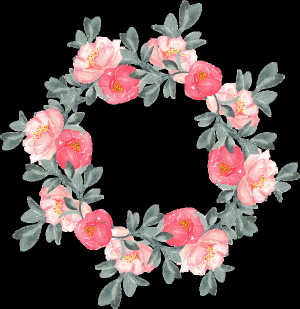 清爽深粉色玫瑰花手绘花环装饰元素