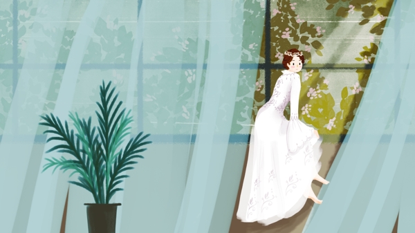 婚纱新娘婚礼少女手绘插画