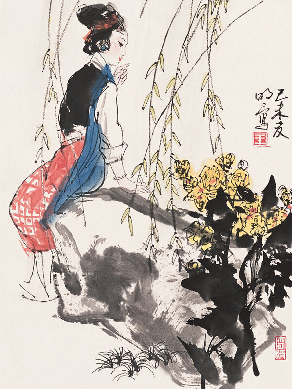 湖畔觀柳圖