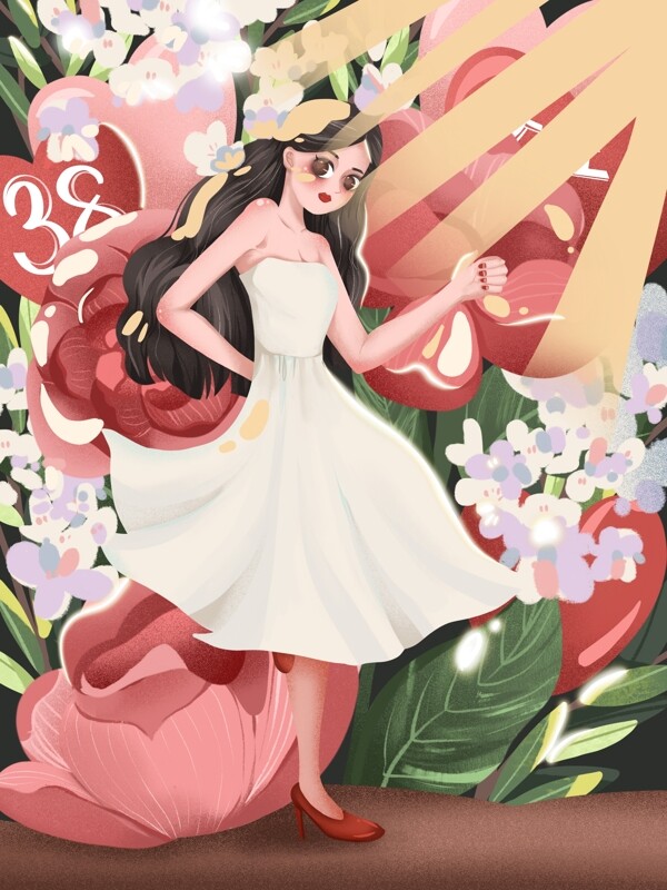 38女王节女孩和花卉温馨浪漫插画