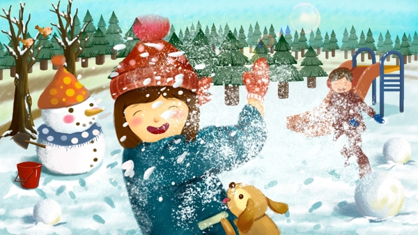 原创插画冬季打雪仗肌理写实冬季玩耍