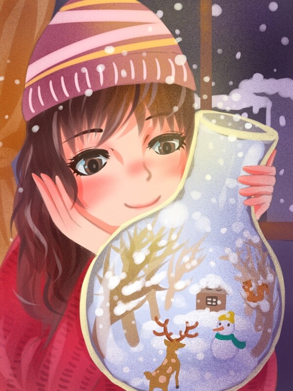 冬天你好女孩和她的两个雪世界肌理插画