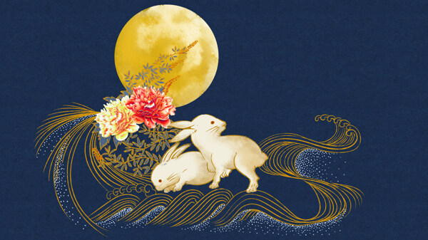 中秋玉兔复古插画背景海报素材图片