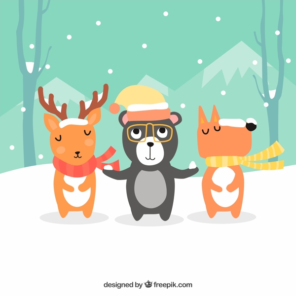 3只可爱雪地里的森林动物矢量图