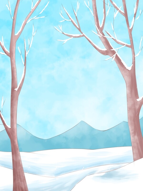 手绘蓝色树林雪地背景设计