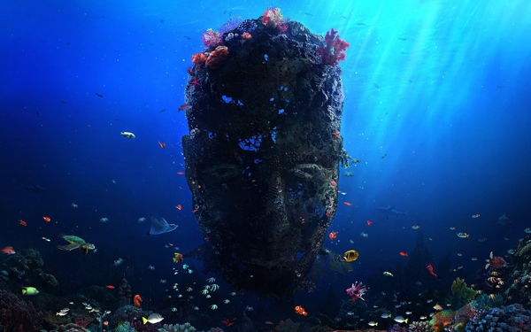 海中长满珊瑚的人脸石雕图片