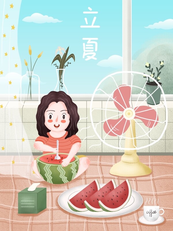 小清新立夏节气吃西瓜插画