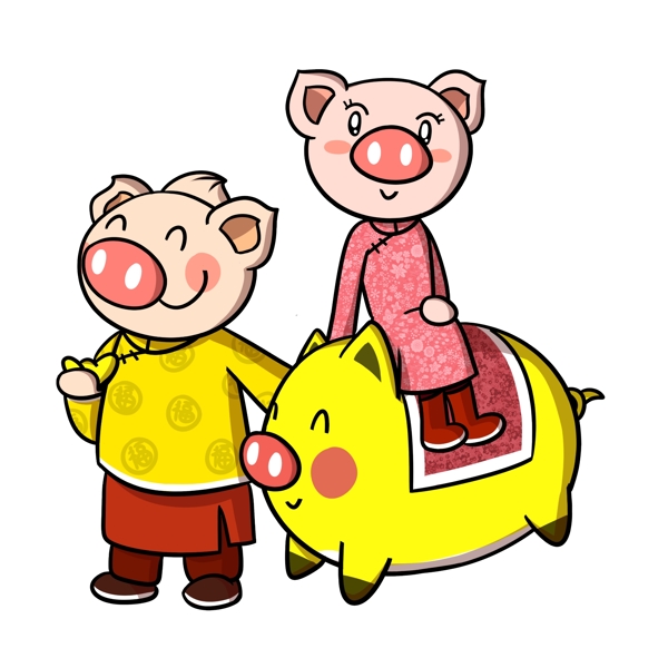 卡通新年猪年小猪逛街png透明底