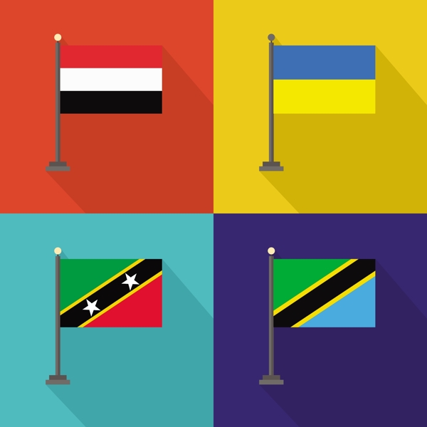 也门乌克兰圣基茨和尼维斯坦桑尼亚国旗