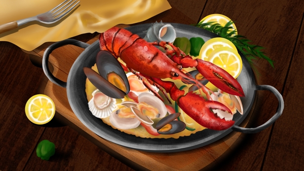 写实美食西班牙海鲜炒饭龙虾蛤蜊柠檬托盘