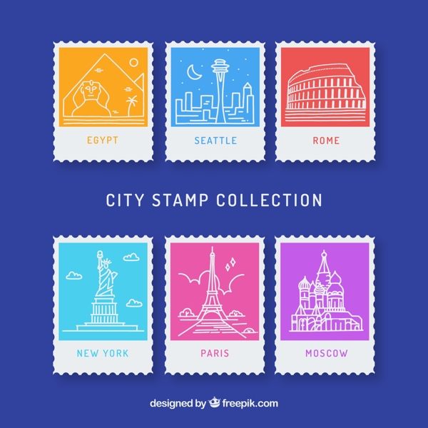 6款白色旅游城市邮票矢量图