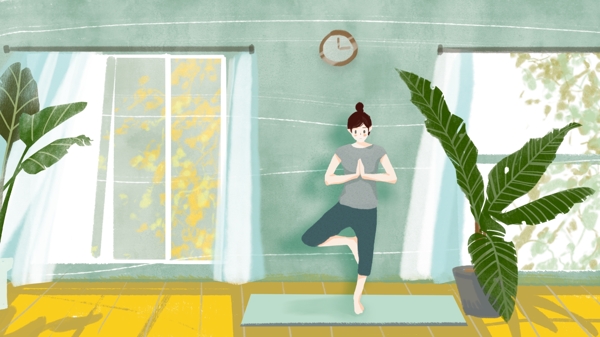 瑜伽时间运动少女居家手绘插画