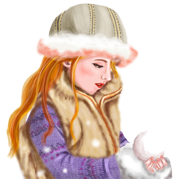 手绘唯美大雪中捏雪球的外国小女孩