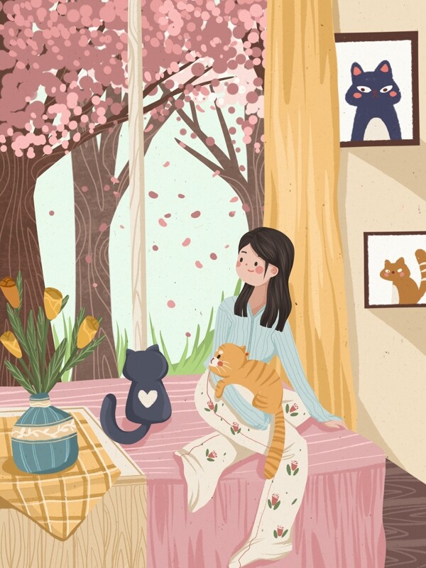 日本樱花季女孩在房间赏花小清新可爱插画