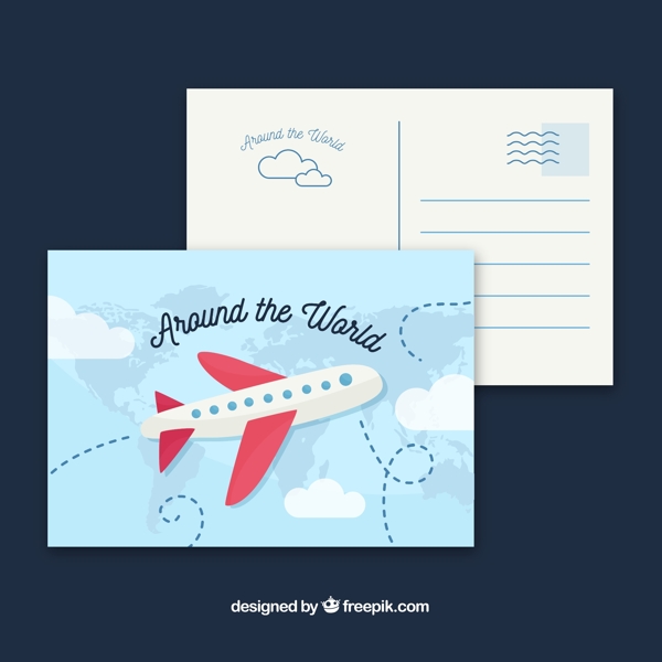 创意环球旅行飞机明信片矢量图