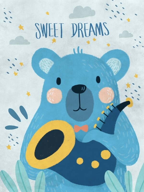 北欧极简动物抽象色彩小熊音乐乐器装饰画