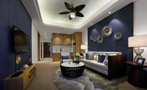 现代时尚客厅深蓝色背景墙室内装修效果图