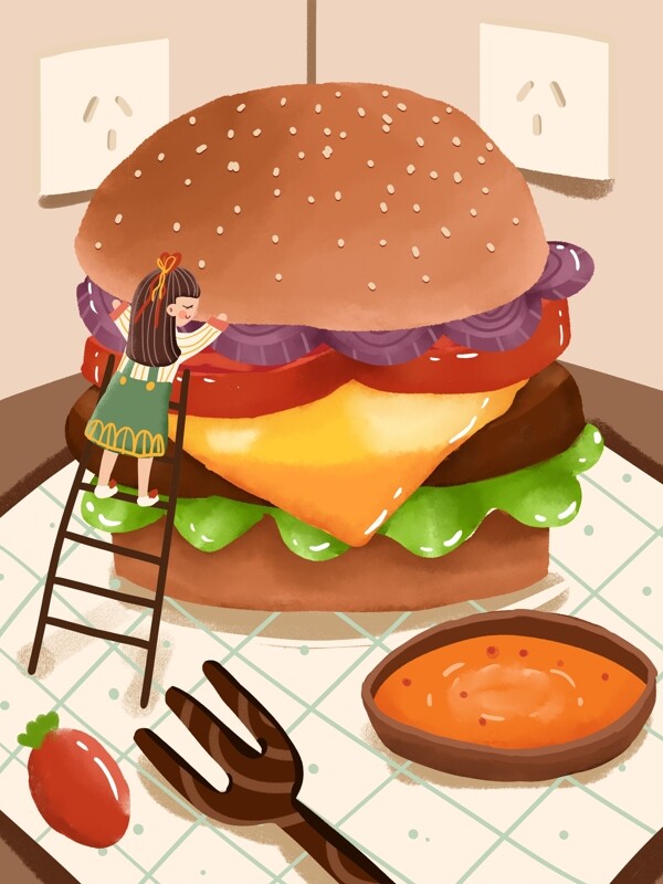 美食大作战之快餐西餐汉堡卡通手绘插画