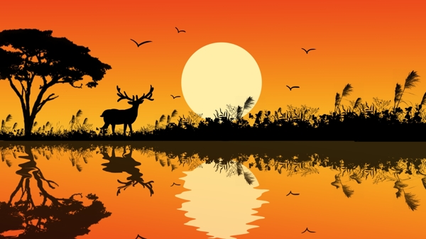 森林与鹿系列夕阳下的鹿治愈插画海报配图