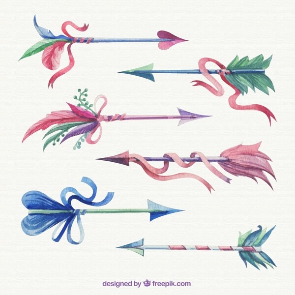 6款水彩绘羽毛箭设计矢量图