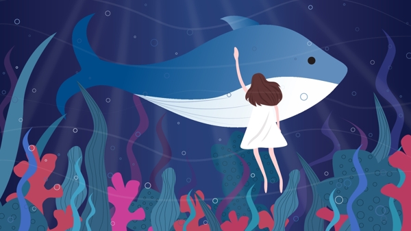 治愈系女孩与鲸鱼矢量大海插画
