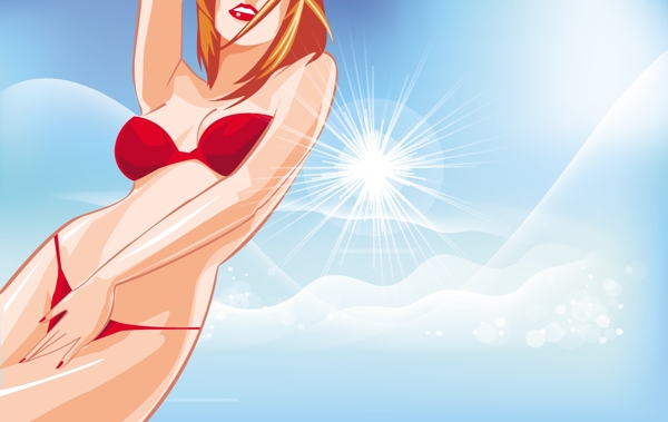 海濱休閑女孩矢量素材