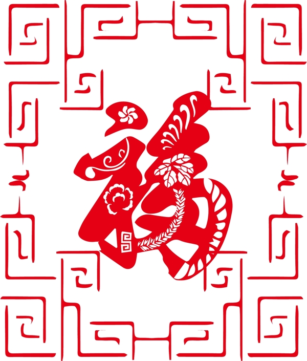紅色剪紙新年福字可商用