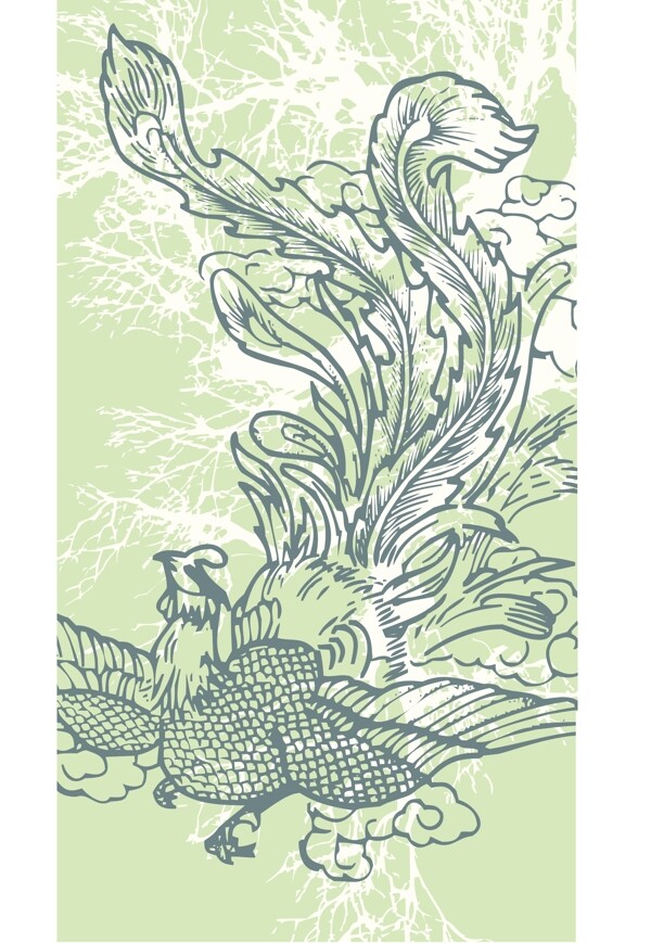 印花矢量圖動(dòng)物鳳凰色彩水綠色免費(fèi)素材