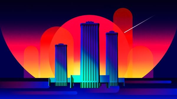 霓虹天际建筑城市夜景插画配图背景渐变场景