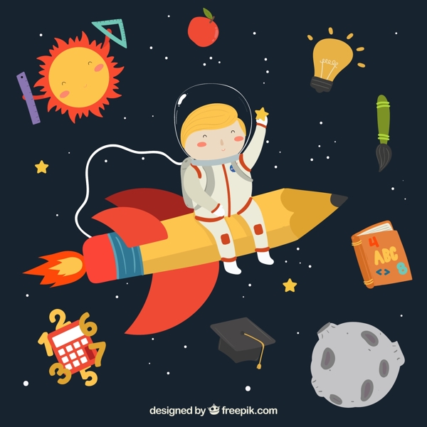 创意坐火箭遨游太空的男孩矢量图