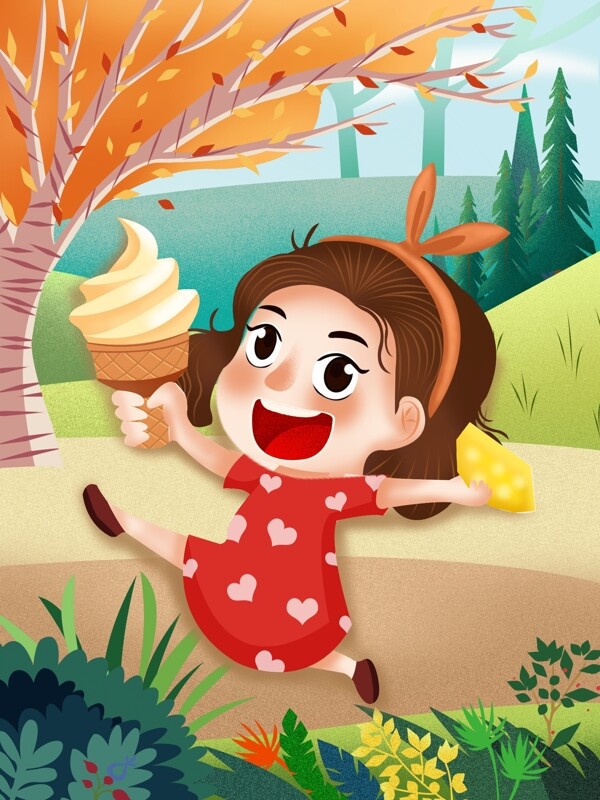 六一儿童节小女孩开心吃冰激凌菠萝清新插画