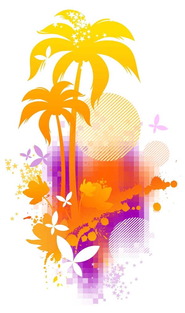 橙色矢量椰子树海滩阳光素材