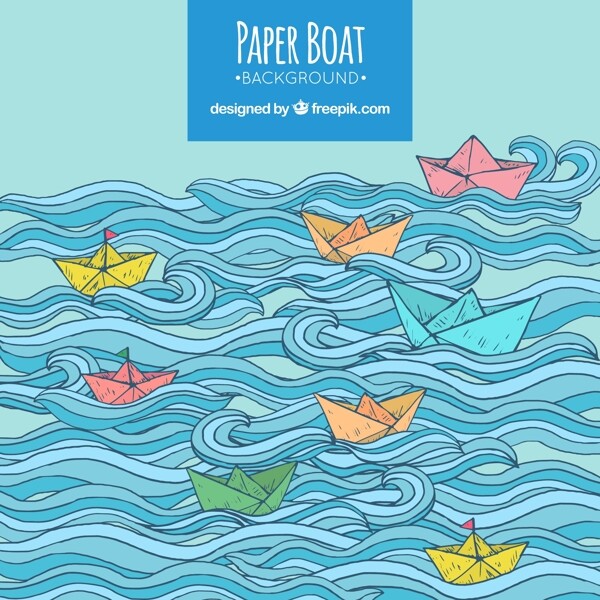 梦幻般的蓝色波浪彩色纸船背景素材