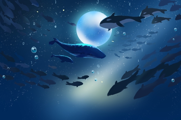 海底世界鯊魚意境背景裝飾畫