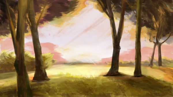 秋天的树林黄昏夕阳景色插画
