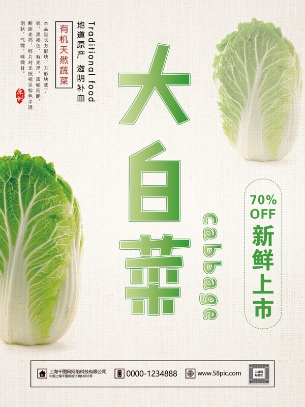 清新简约新鲜大白菜上市促销活动宣传海报