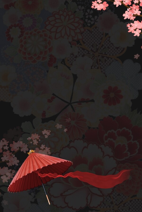 红色伞和风日式花纹背景