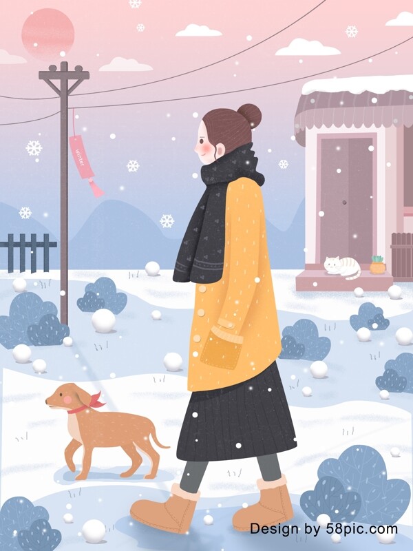 清新唯美冬季走在雪地里的女孩与宠物插画
