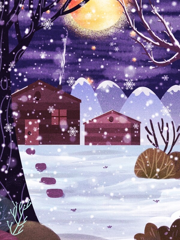 彩绘冬季雪地村庄背景