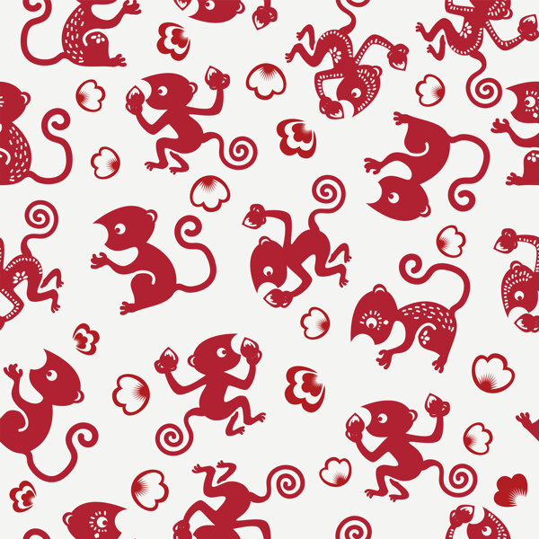 中国风红色剪纸小猴壁纸图案装饰设计
