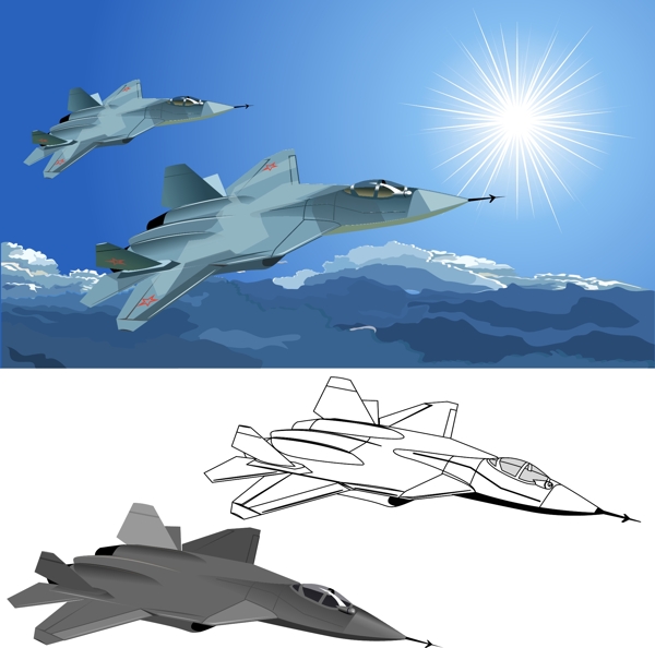 战斗机飞在空中的飞机卡通设计
